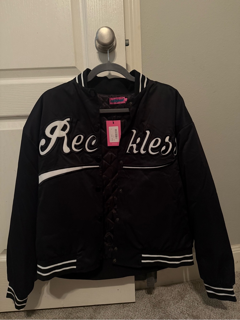 Edikted Women's Black Bomber Varsity Jacket (Reckless)
